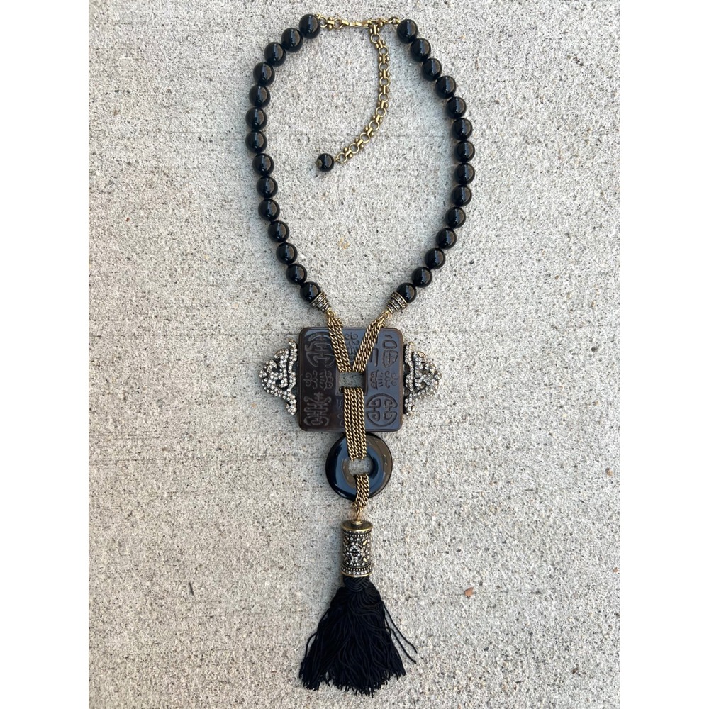 Heidi Daus Asian Inspired Black Onyx Beads Crystal Tassel Pendant Necklace